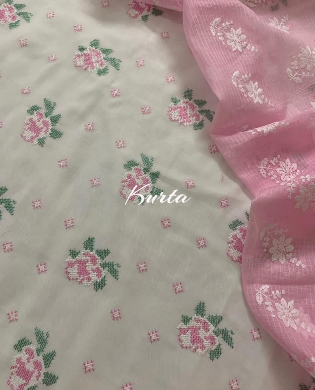 Atharva Embroidered Cotton Salwar Kameez/Embroidery Kota Dupatta Pink/Cotton Embroidery Shirt white/Cotton Chikankari Bottom- CK005