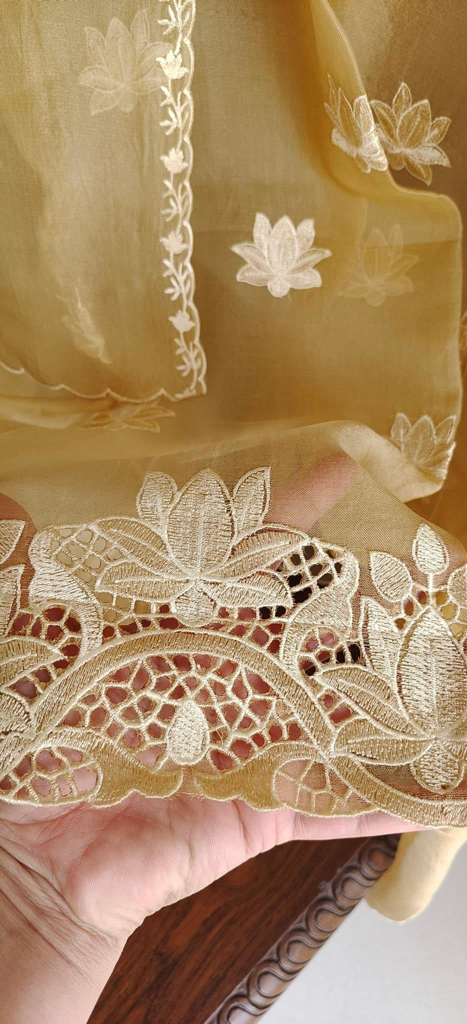 ATHARVA HERITAGE/ SHEER LUXURY PURE SILK ORGANZA APPLIQUE SUIT SHEER0011YELLOW
