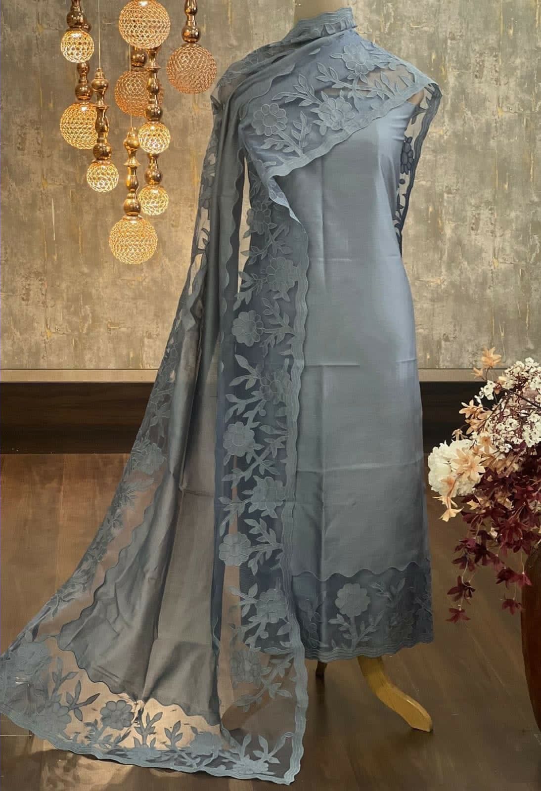 ATHARVA Hand Embroidery Salwar Kameez/Chanderi Cut-Work Shirt & Dupatta/Santoon Bottom/Custom Stitch Unstitch/Plazo/Pant/CUT8104