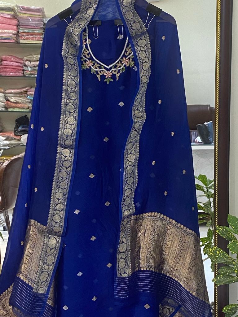Husn Electric Blue kora silk hand embroidered suit set KS001
