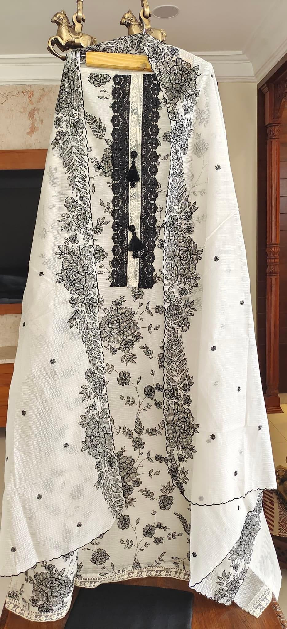 Atharva Embroidered Cotton Kota Salwar Kameez/Embroidery Kota Dupatta /Kota Embroidery Shirt /Cotton Bottom- KK0083 White n black