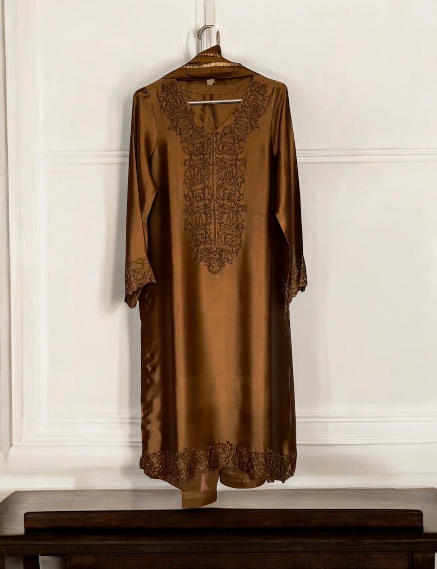 Atharva Luxe – Pure Silk Luxury Kurta Set with Handcrafted Ghera Sleeves & Organza Dupatta
