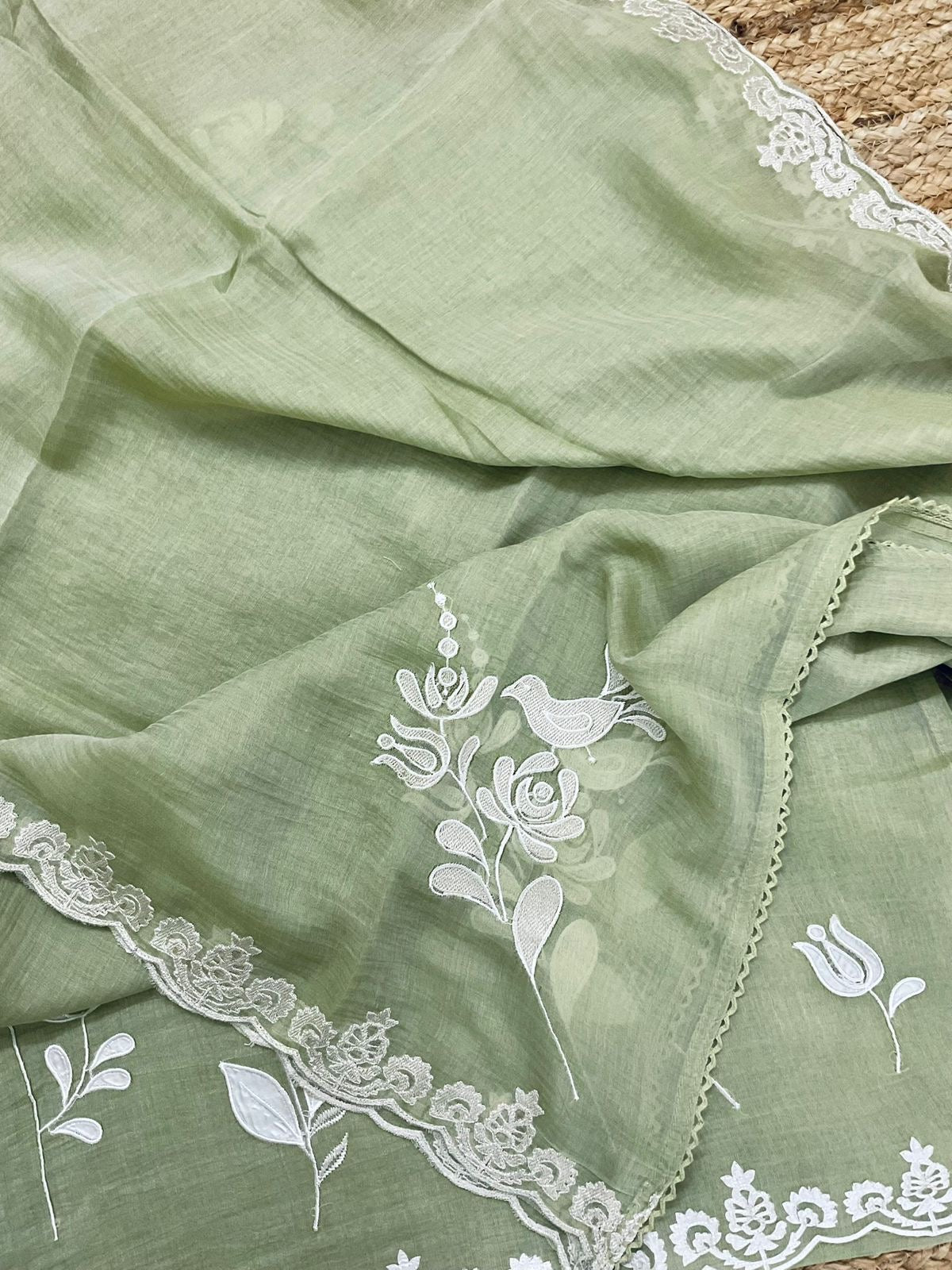 Atharva Heritage/Pure Mul Chanderi Shirt & Dupatta/French Thread Embroidery With Hand Applique /Cotton Silk Bottom/CUT80371 Green