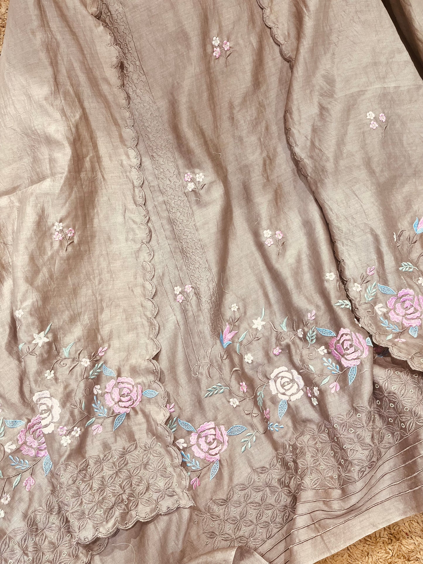 Pure Chanderi Silk 70 Grams kurta AND Dupatta Parsi Aari Embroidery Unstitched Suit CH54239