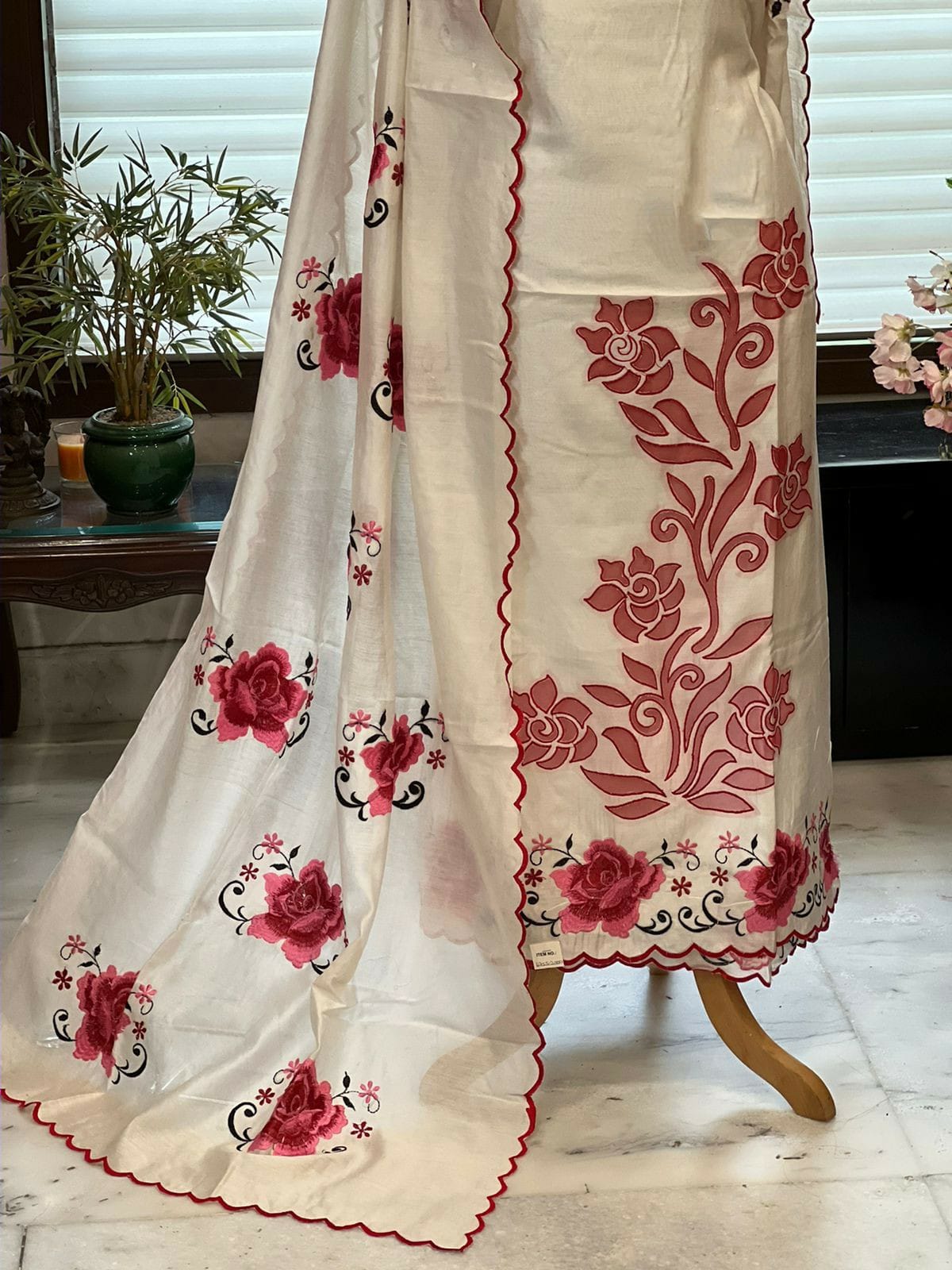 ATHARVA Hand Embroidery Salwar Kameez/Chanderi Cut-Work Shirt & Dupatta/Santoon Bottom/RED/Custom Stitch Unstitch/Plazo/Pant/CUT8099