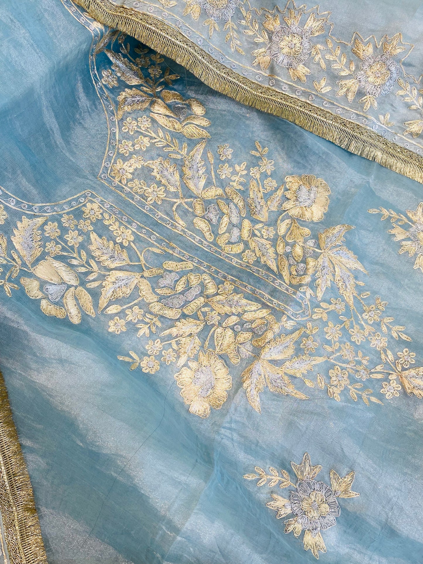 Husn ICE BLUE DAIMOND TISSUE INTRICATELY HAND WOVEN /MAHARANI LUXURY TISSUE SILK SUIT MTC009(Blue)