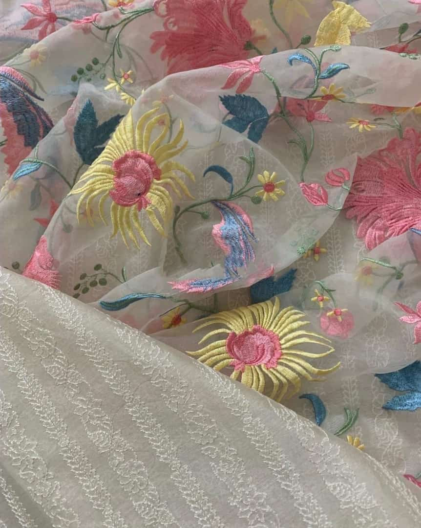 PURE CHANDERI Silk 70 Grams kurta /Pure Silk Organza Dupatta PARSI GARA UNSTITCHED SUIT CH54230