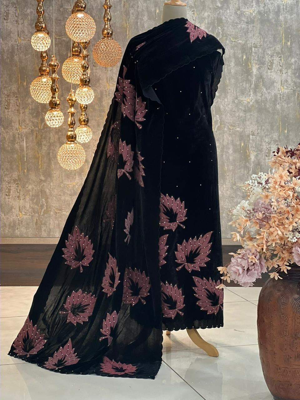 ATHARVA Applique Embroidery Salwar Kameeiz/Velvet Cut-Work Shirt & Dupatta/Velvet Bottom/Custom Stitch Unstitch/Plazo/Pant/VC8137