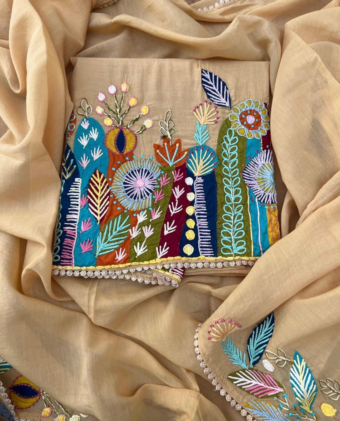ATHARVA Hand Applique /Cutwork Embroidery Salwar Kameez/pure Mul Chanderi Shirt & Dupatta/Santoon Bottom/Custom Stitch Unstitch/Plazo/Pant/ CUT8068