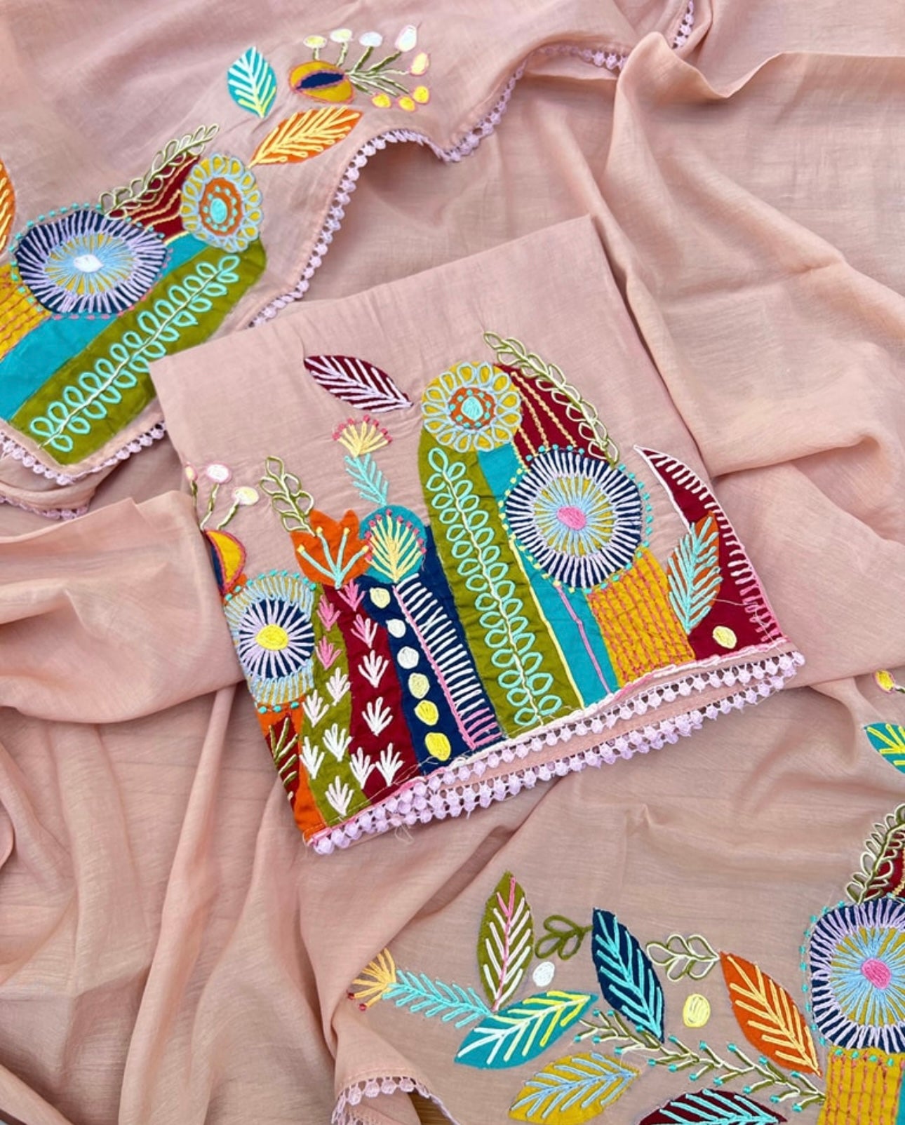ATHARVA Hand Applique /Cutwork Embroidery Salwar Kameez/pure Mul Chanderi Shirt & Dupatta/Santoon Bottom/Custom Stitch Unstitch/Plazo/Pant/ CUT8068