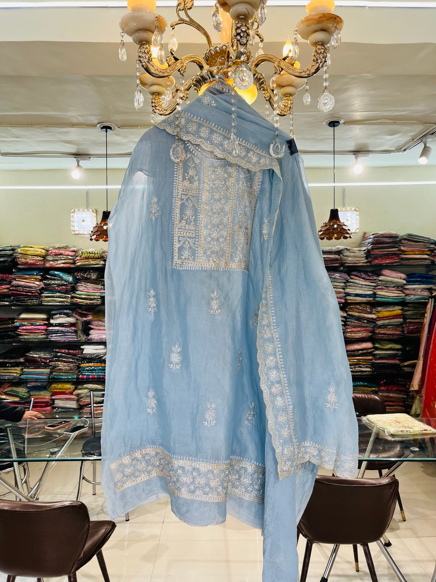 Husn ICE BLUE Handwoven TISSUE INTRICATELY HAND WOVEN /MAHARANI LUXURY TISSUE SILK SUIT MTC0025(Blue)