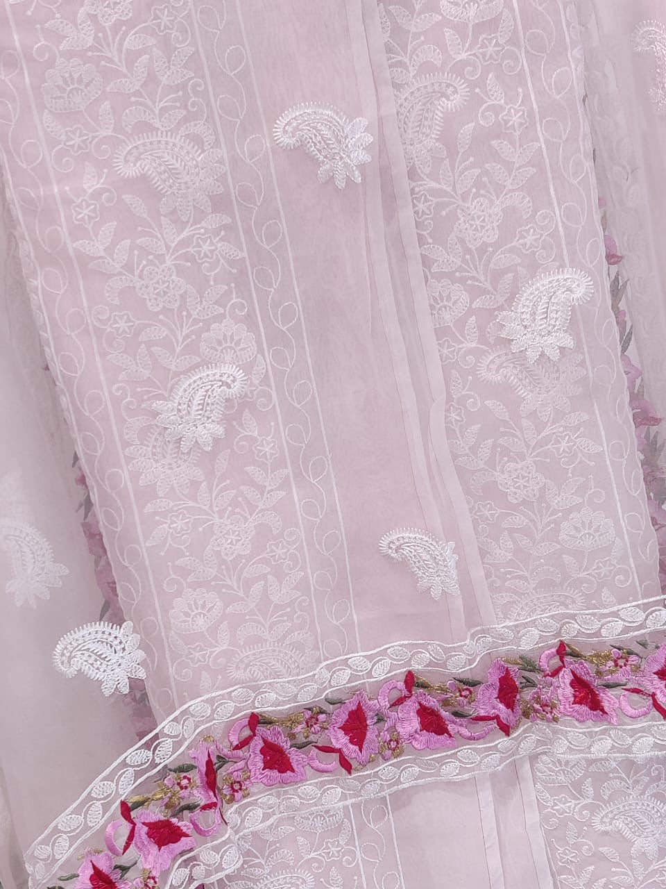 PURE MUL CHANDERI Kurta With Pure Silk Organza Dupatta/ Lucknowi Jaal with PARSI GARA Yolk UNSTITCHED SUIT CH5424 Pink