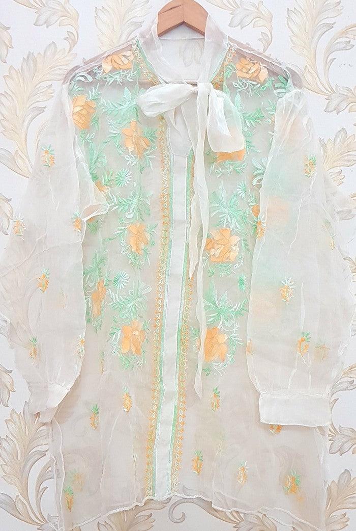 Atharva Heritage Sheer Luxury Silk Organza Lucknowi Semi Stitched Top SLT002 Pearl White