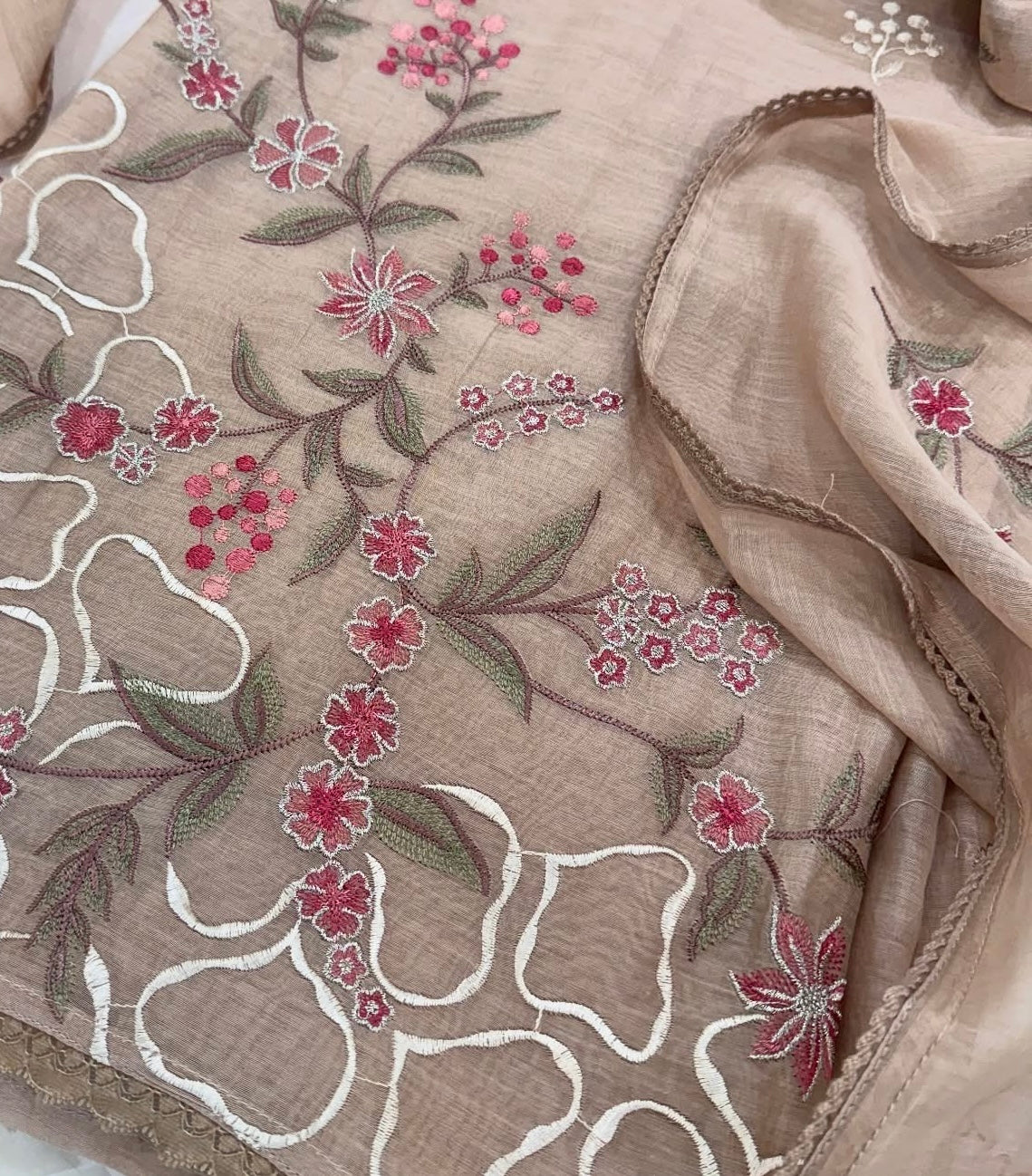 ATHARVA HERITAGE PURE MUL CHANDERI SILK PARSI GARA SUIT MCH0013P Dusty Peach