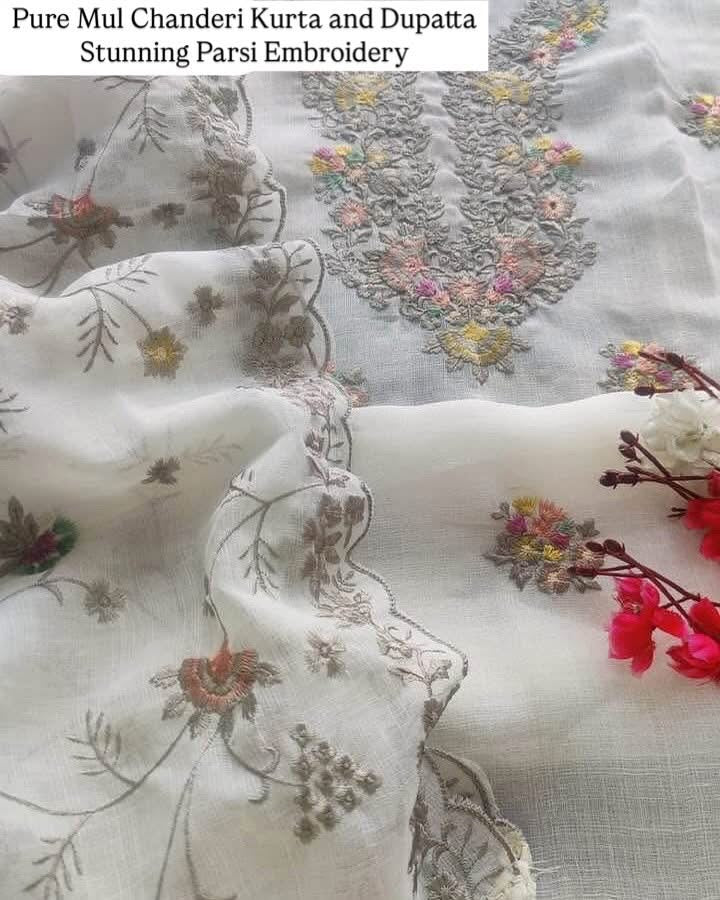 PURE MUL CHANDERI kurta AND Dupatta PARSI GARA with STUNNING ZARI DETAILING UNSTITCHED SUIT CH54235 Ivory
