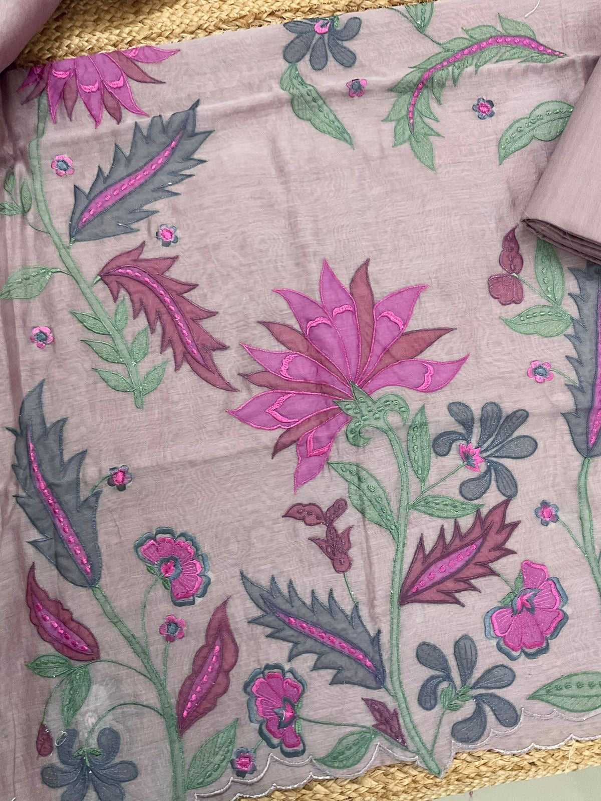 Atharva Heritage/Pure Mul Chanderi Shirt & Dupatta/ Hand Applique/Cutwork with Thread Embroidery/Cotton Silk Bottom/CUT80390