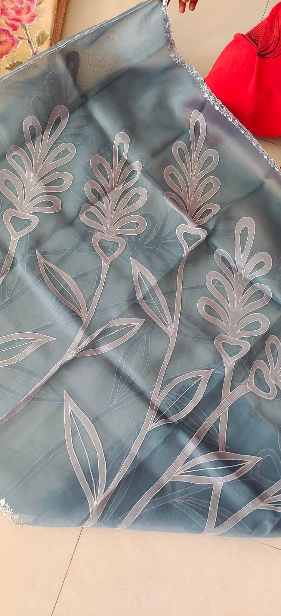 Atharva Heritage/SHEER LUXURY PURE SILK ORGANZA APPLIQUE SUIT SHEER0011BLUE