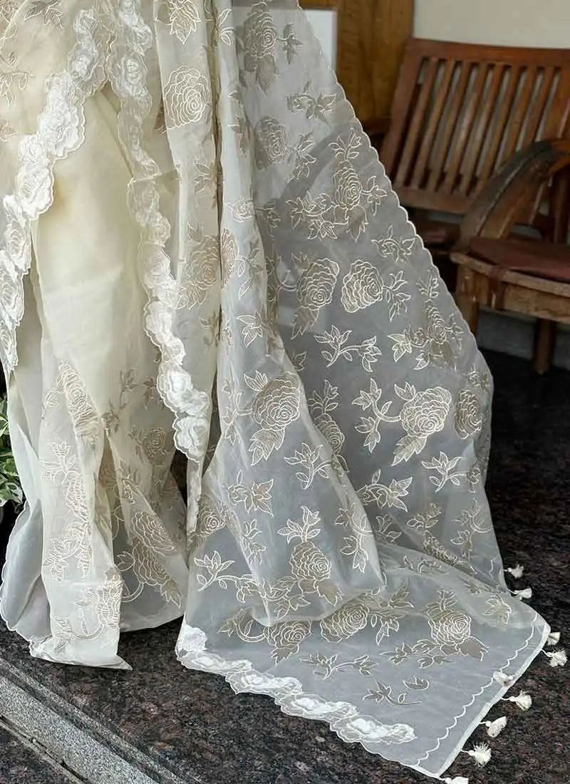 Atharva Heritage Sheer Luxury Pure Silk Organza Hand Applique With Pure Crush Tissue Saree SLHACT176