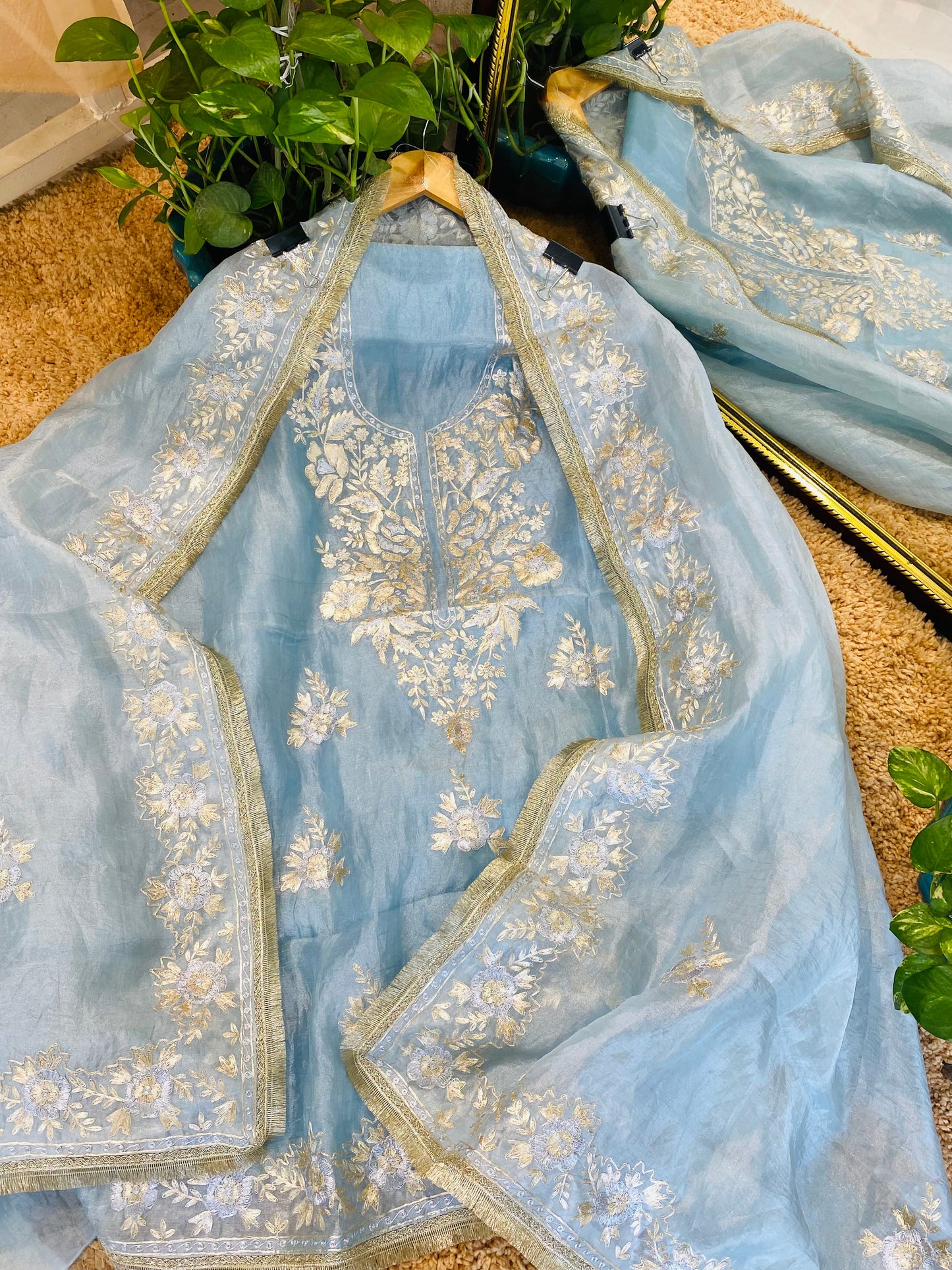 Husn ICE BLUE DAIMOND TISSUE INTRICATELY HAND WOVEN /MAHARANI LUXURY TISSUE SILK SUIT MTC009(Blue)