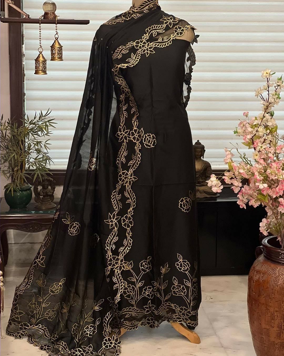 ATHARVA Hand Embroidery Salwar Kameez/Chanderi Cut-Work Shirt & Dupatta/Santoon Bottom/Custom Stitch Unstitch/Plazo/Pant/CUT8029