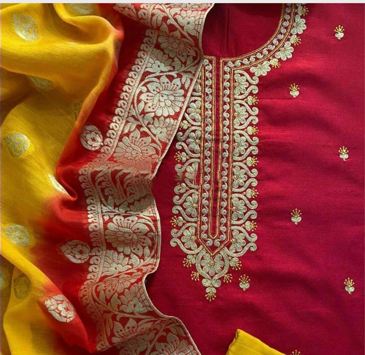 ATHARVA Embroidery Salwar Kameez w/pure Chanderi Silk Embroidery Neck Reds w/Banarsi Silk Dupatta/Custom Stitch/Tunic/Patiala/Churridar/SA2001