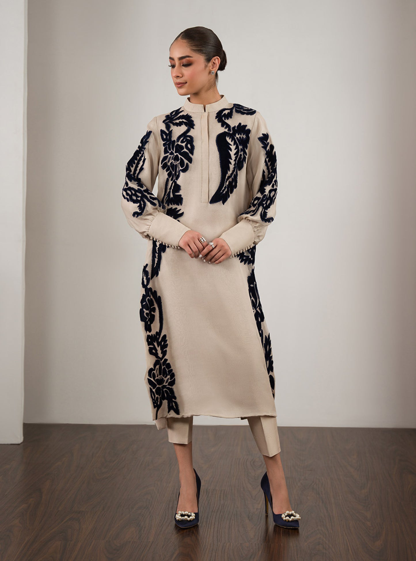 ATHARVA HERITAGE Sheer Luxury Ready to Wear Pakistani Appliqué 2PC Suit SLP05151 Beige and Black