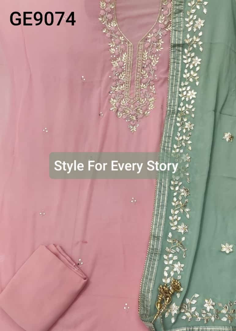 ATHARVA Hand Embroidered Salwar Kameez w/ Pink Georgette Shirt/Gota Pati Georgette Pistachio Color Dupatta/Custom Stitch Unstitch/Custom Anarkali/GE9074 Pink n pistachio