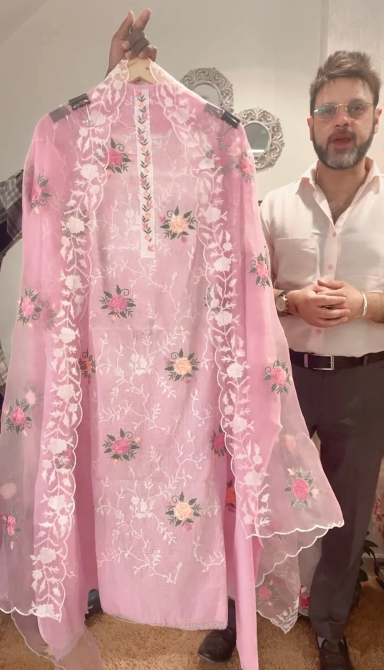 Atharva Embroidered Cotton Kota Salwar Kameez/Embroidery Pure Silk organza Dupatta/Cotton kota Embroidery Shirt Pink/Cotton Bottom- KK021