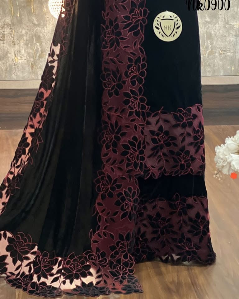 ATHARVA Applique Embroidery Salwar Kameeiz/Micro Velvet 9000 Cut-Work Shirt & Dupatta/Velvet Bottom/Custom Stitch Unstitch/Plazo/Pant/VC8130