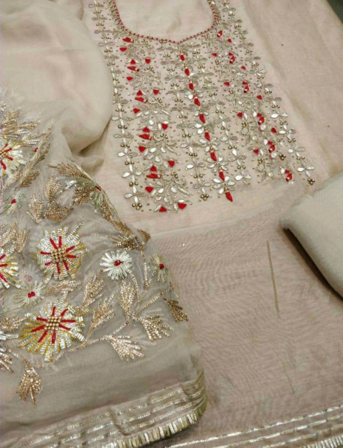 ATHARVA Hand Embroidered Salwar Kameez w/Mouse Color Chanderi Shirt/Gota Pati Chiffon Dupatta/Custom Stitch Unstitch/Custom Anarkali/CH1801