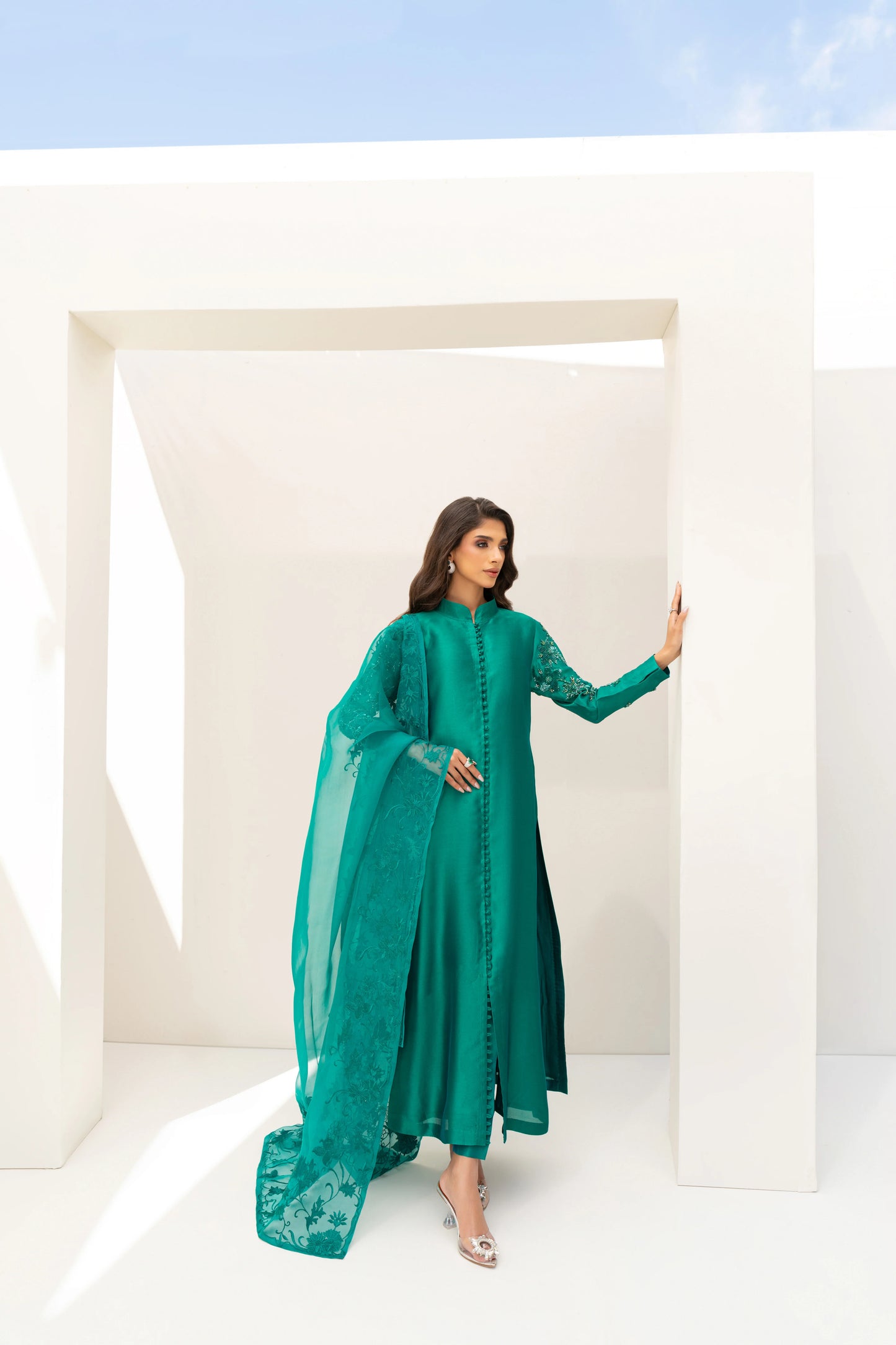 Enchanting Elegance: Pure Satin Silk 80 Grams Pakistani jacket Suits Adorned with Exquisite Hand embroidered Embroidery CO005