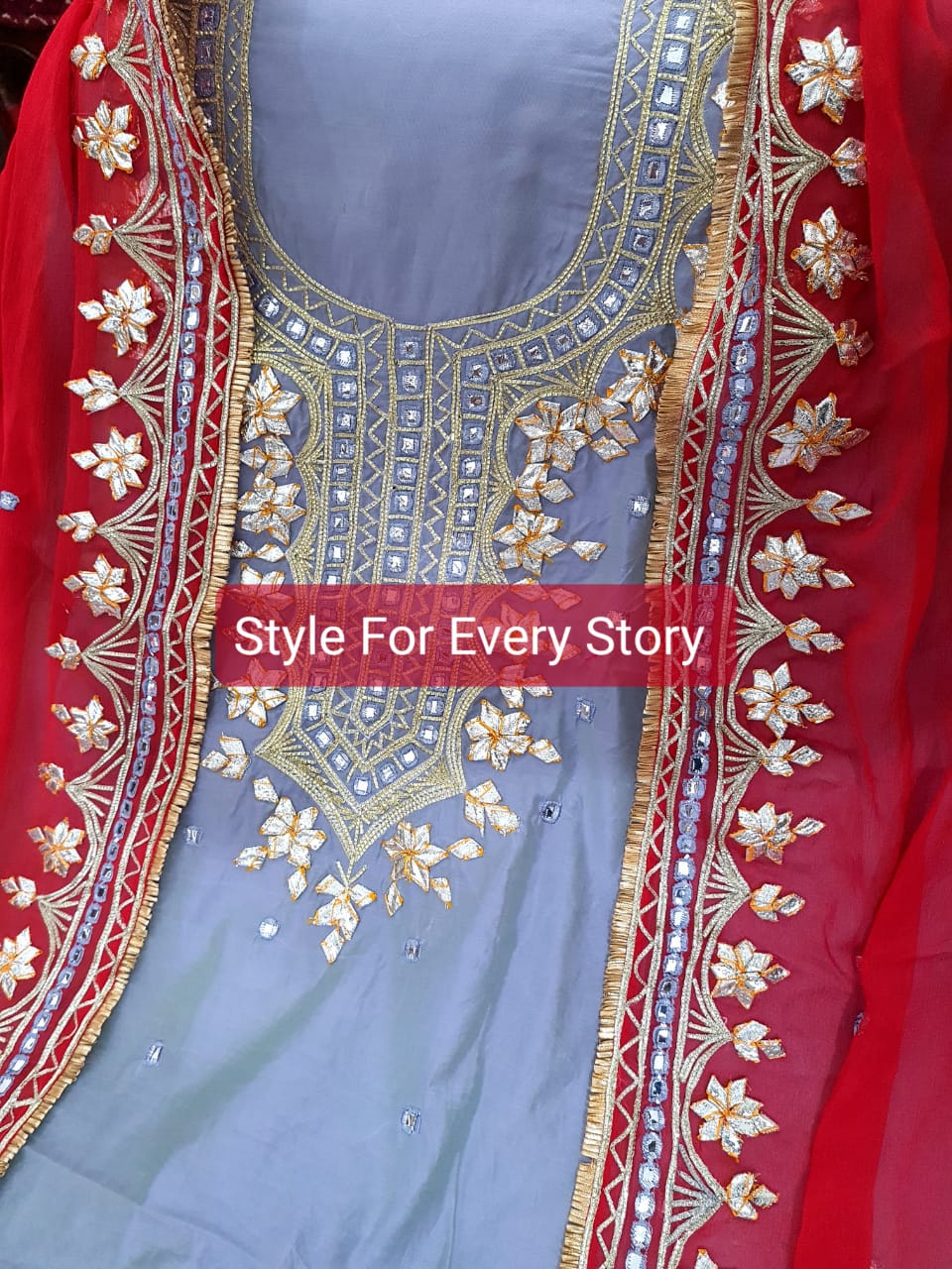 ATHARVA Hand Embroidered Salwar Kameez w/Bottle English Grey n Red Chanderi Shirt/Gota Pati Chiffon Dupatta/Custom Stitch Unstitch/Custom Anarkali/CH18012