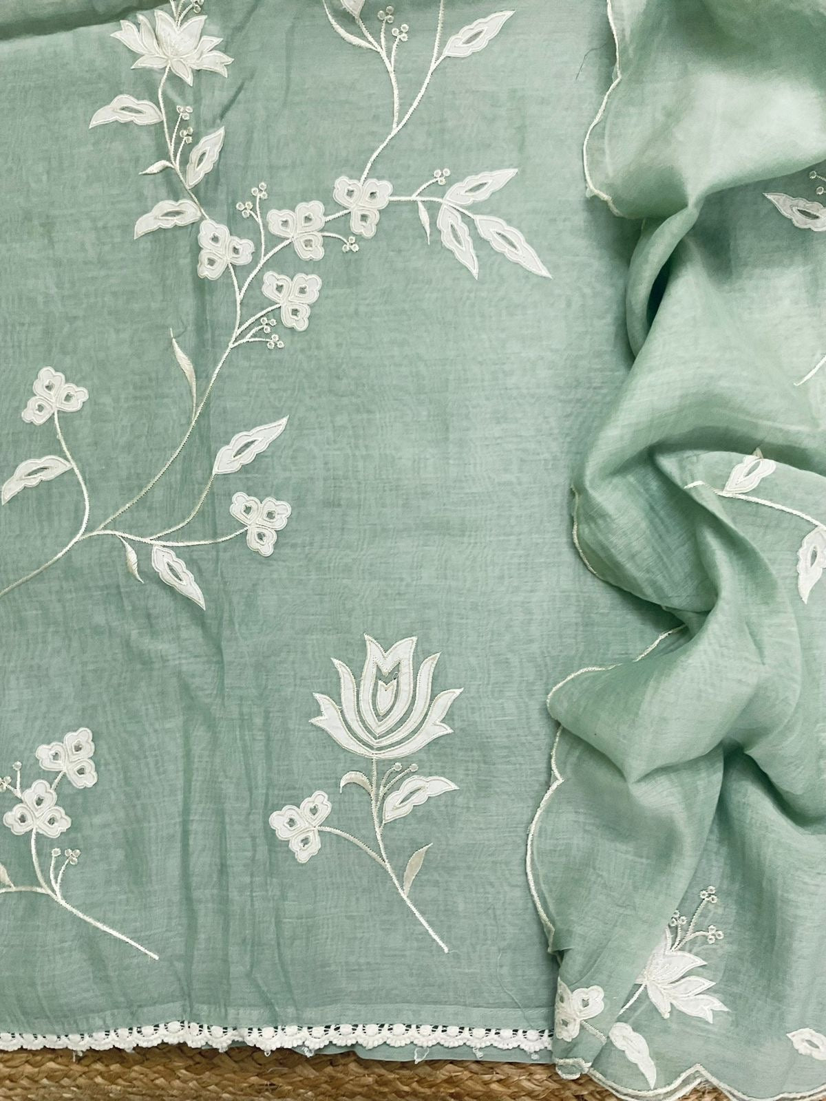 Atharva Heritage/Pure Mul Chanderi Shirt & Dupatta/ Hand Applique /Cotton Silk Bottom/CUT80373 mint Green