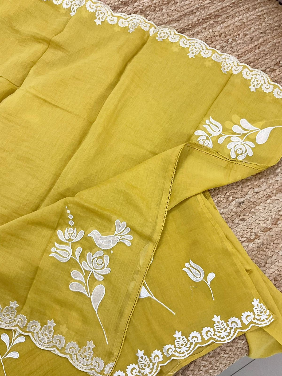 Atharva Heritage/Pure Mul Chanderi Shirt & Dupatta/French Thread Embroidery With Hand Applique /Cotton Silk Bottom/CUT80369 Yellow