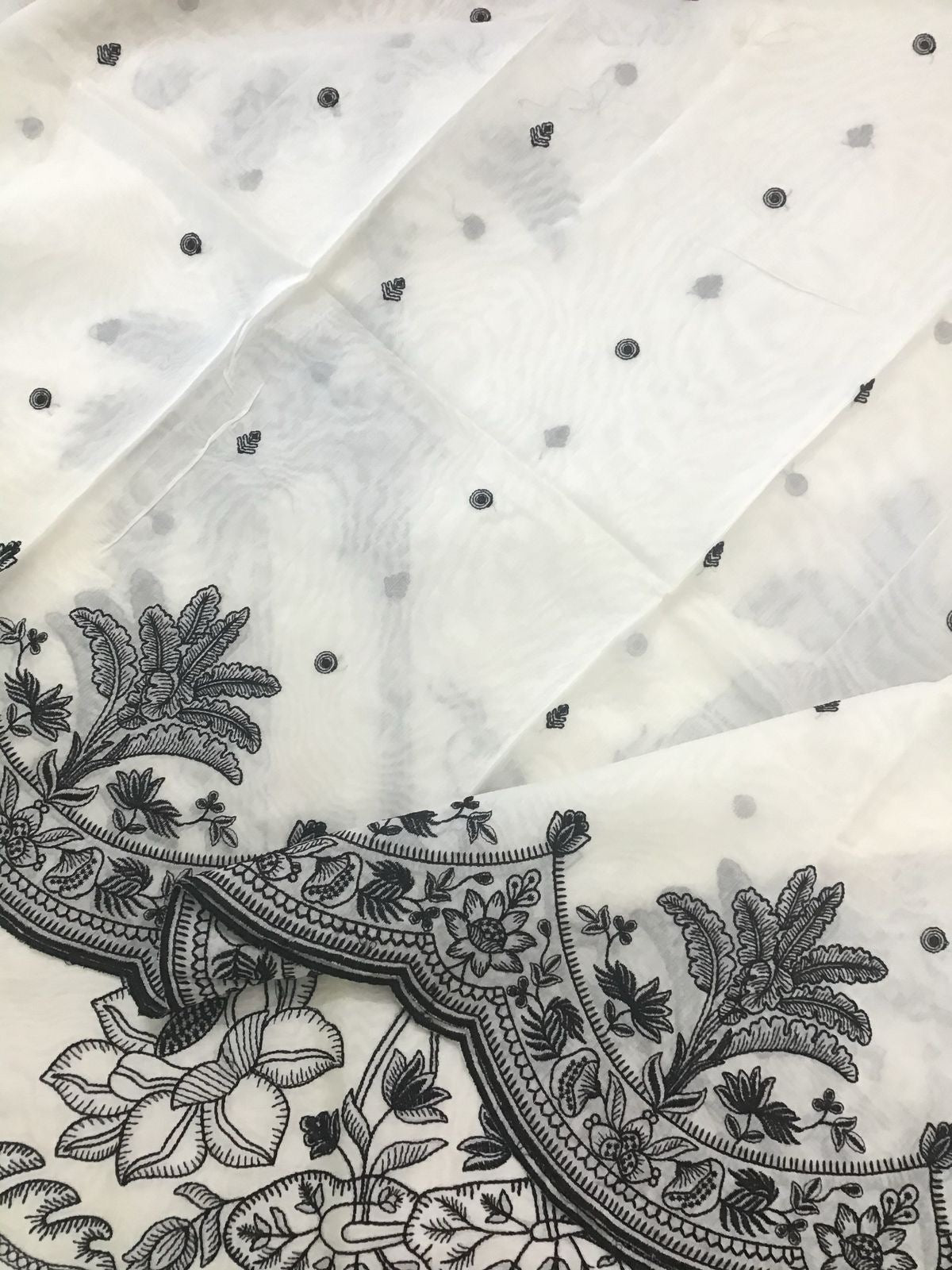 PURE MUL CHANDERI kurta AND Dupatta PARSI GARA UNSTITCHED SUIT CH54237WB White And Black