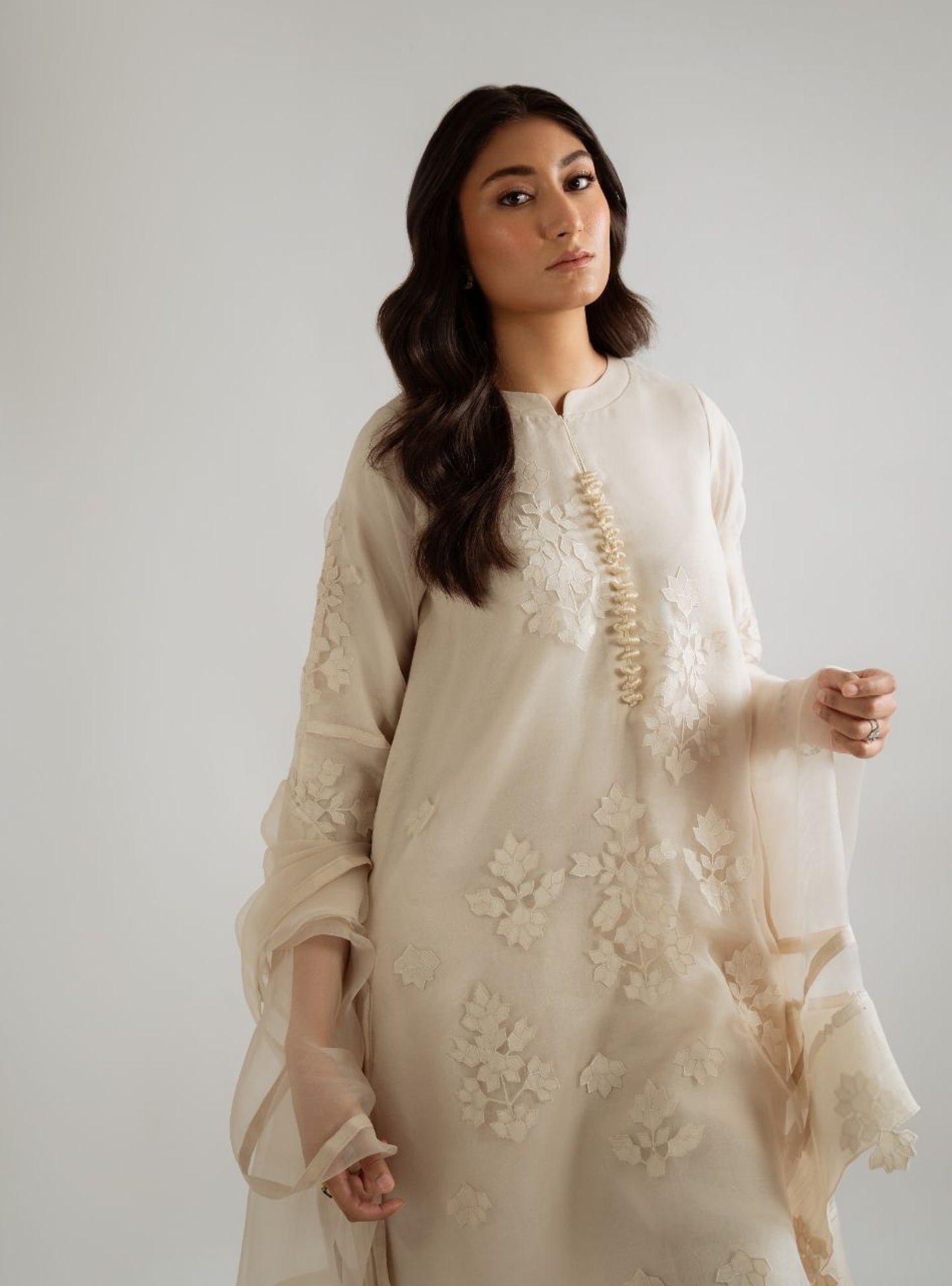 Atharva Heritage Sheer Luxury Ivory Silk Organza Hand Appliqué Ensemble SLP05095