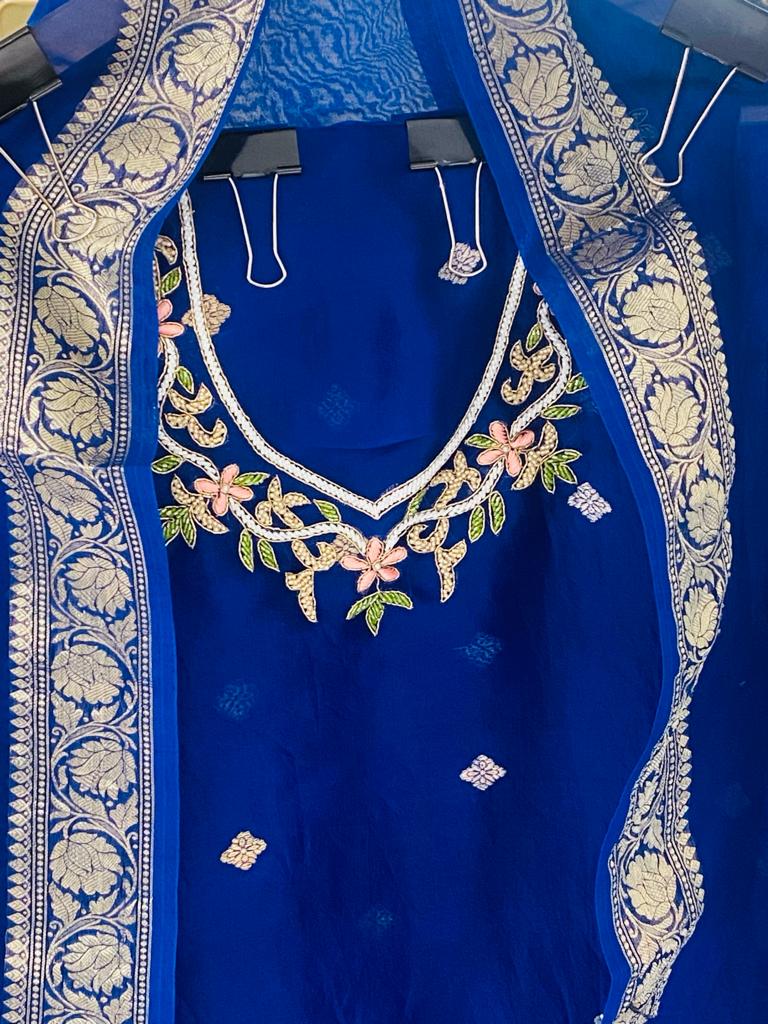 Husn Electric Blue kora silk hand embroidered suit set KS001