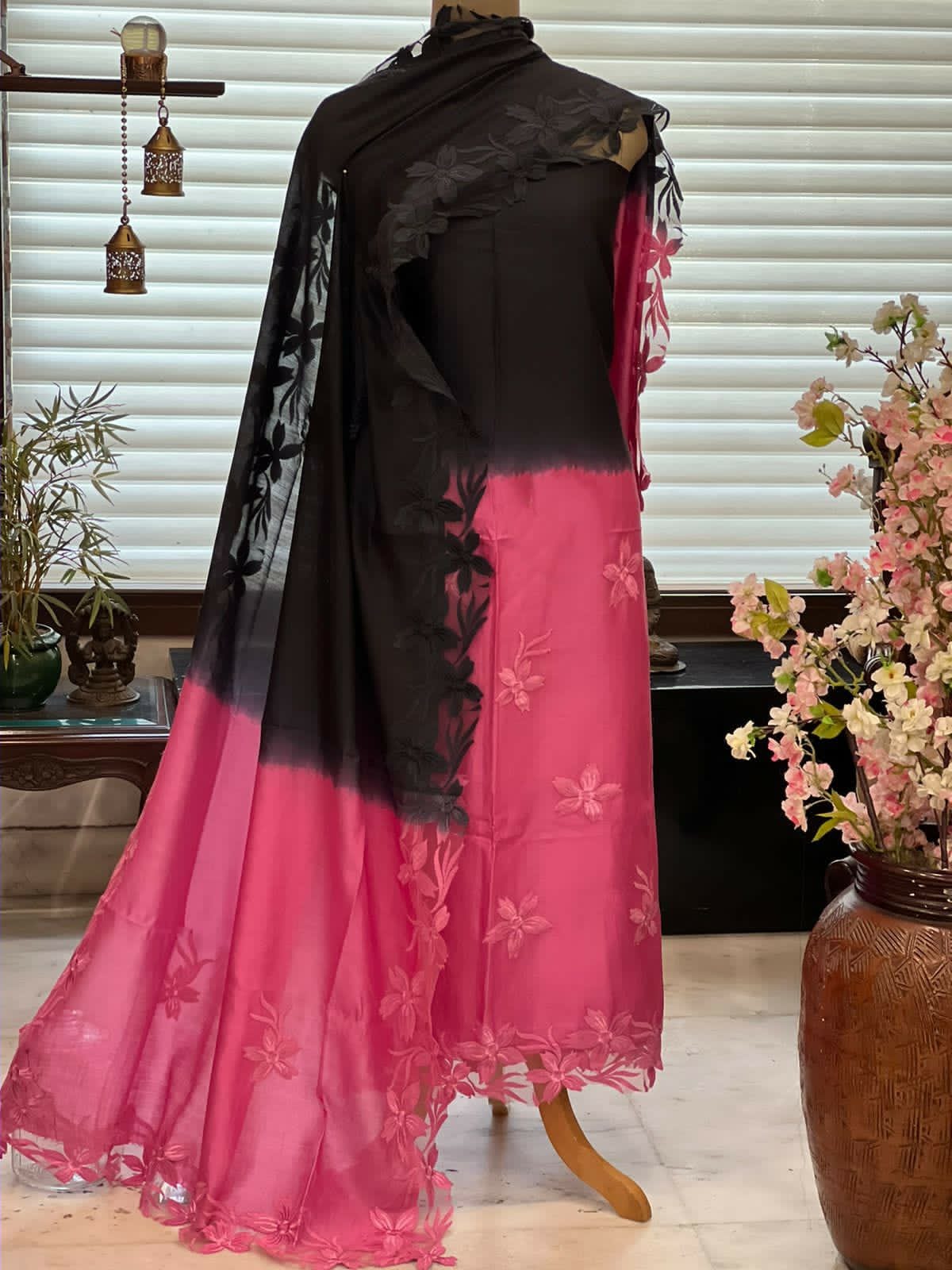 ATHARVA Hand Embroidery Salwar Kameez/Chanderi Appliqué -Work Shirt & Dupatta/Santoon Bottom/Custom Stitch Unstitch/Plazo/Pant/CUT8030