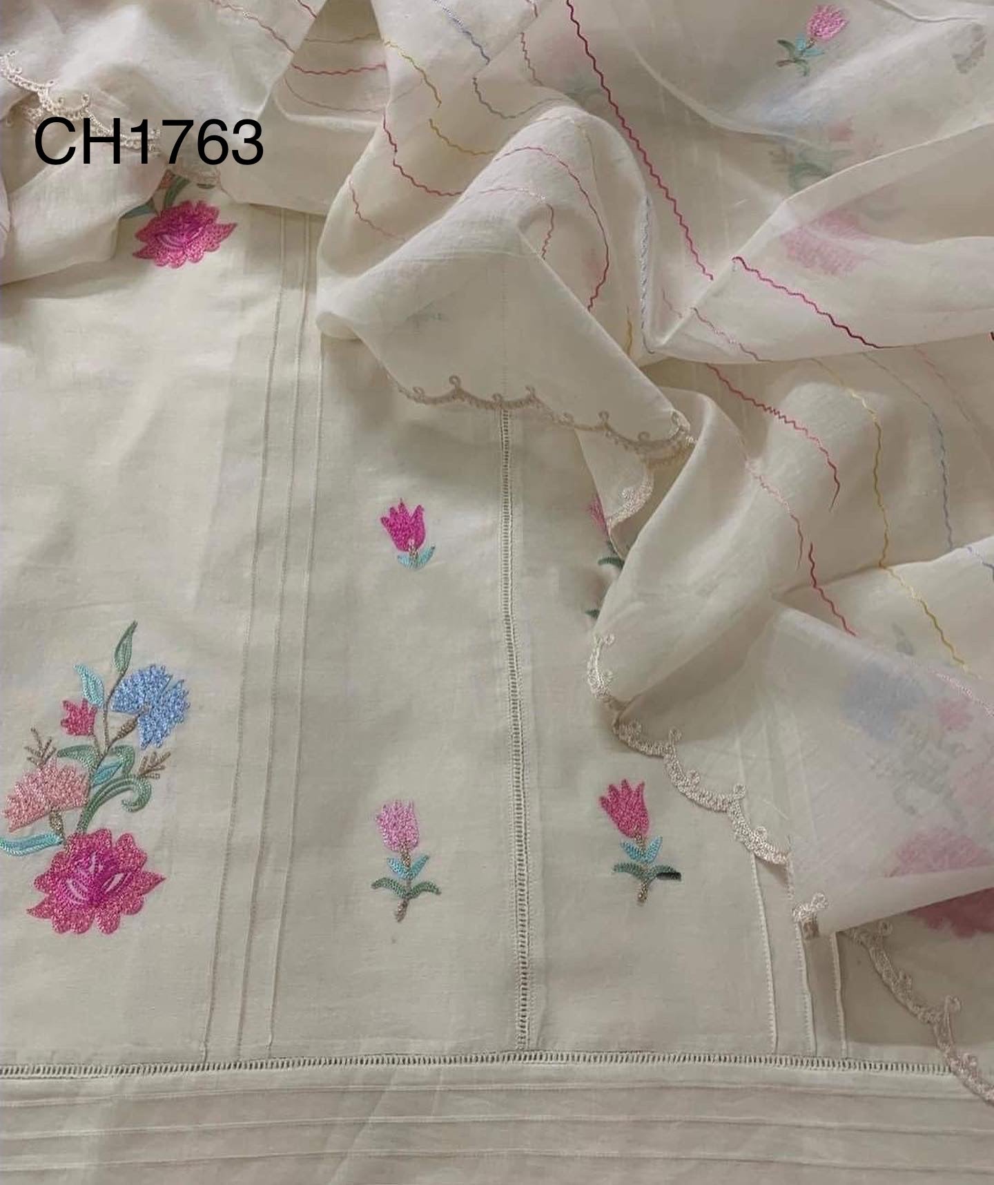 PURE CHANDERI SILK KASHMIRI AARI SUIT CH5439 Ivory