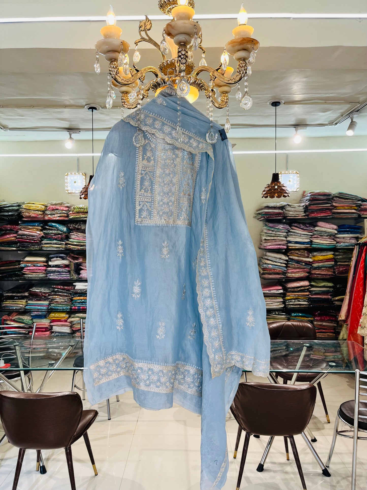 Husn ICE BLUE Handwoven TISSUE INTRICATELY HAND WOVEN /MAHARANI LUXURY TISSUE SILK SUIT MTC0025(Blue)