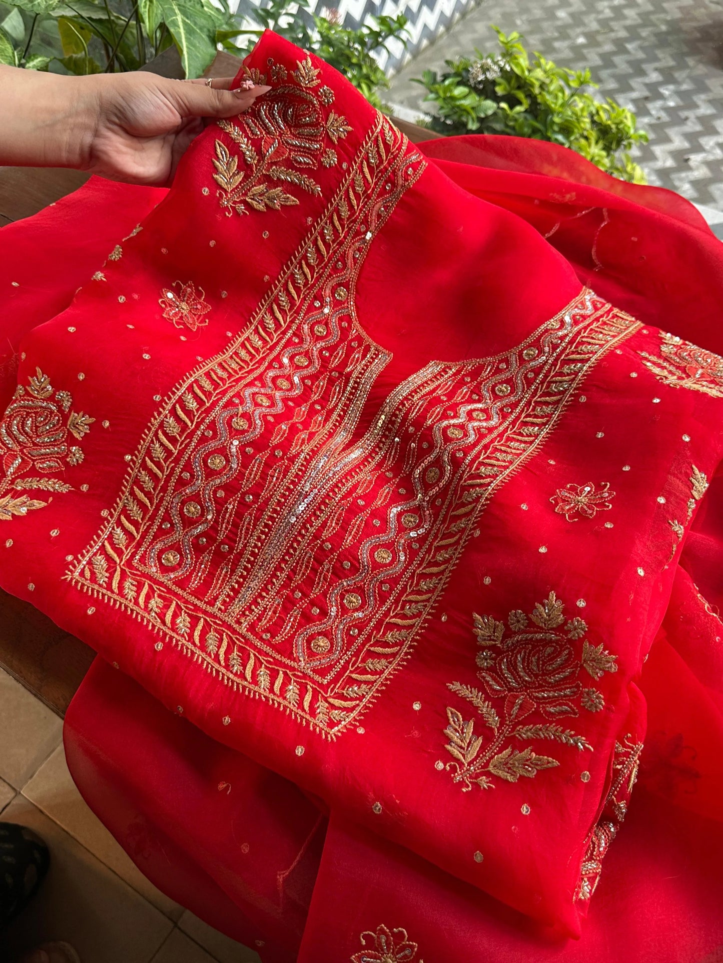 Atharva Heritage Red Noor Organza Silk Chikankari Unstitched Kurta Dupatta Set SL89000646