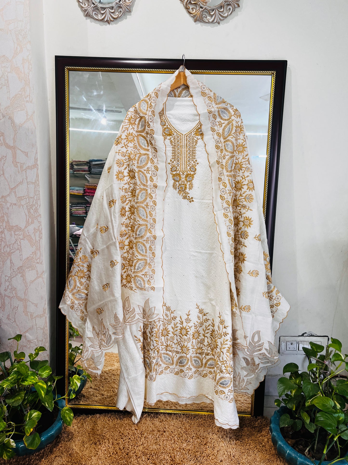 Atharva Pure Handloom CHANDERI Silk Embroidered Cutwork SUIT CH17519