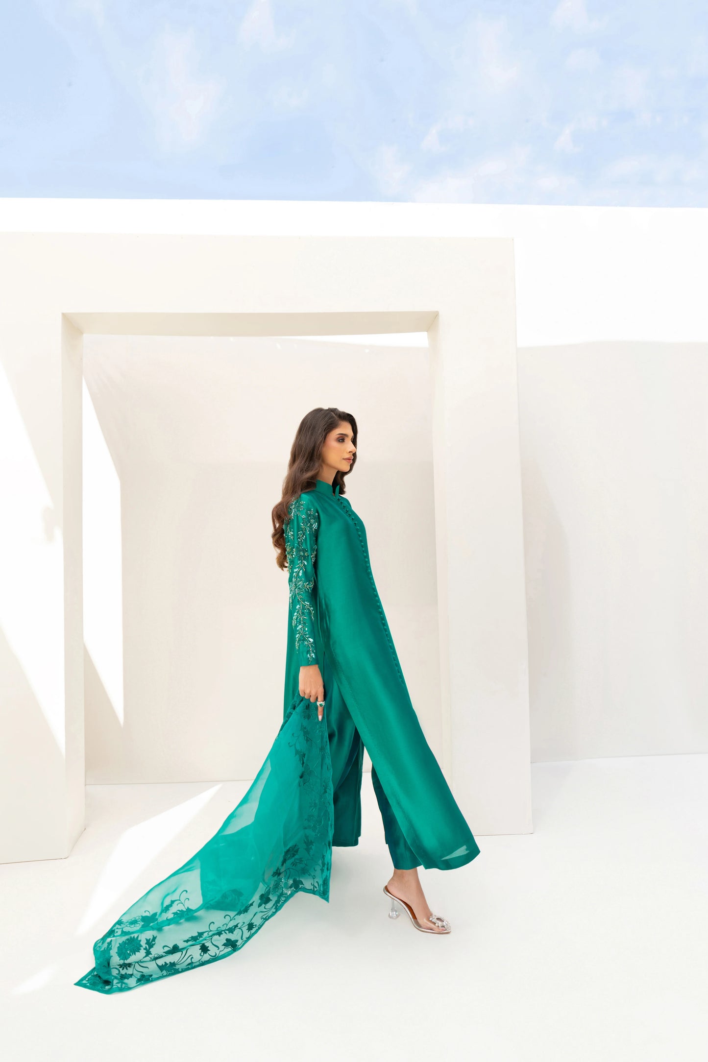 Enchanting Elegance: Pure Satin Silk 80 Grams Pakistani jacket Suits Adorned with Exquisite Hand embroidered Embroidery CO005