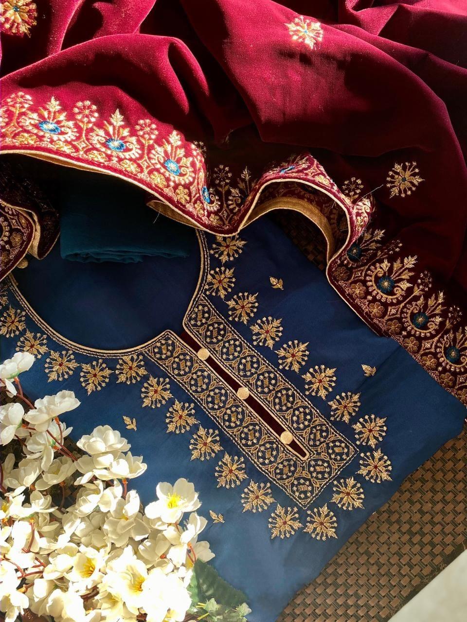 Atharva Heritage/Kashmiri Embroidered The Winter silk kurta with Velvet dupatta 2024 Edits EM1035