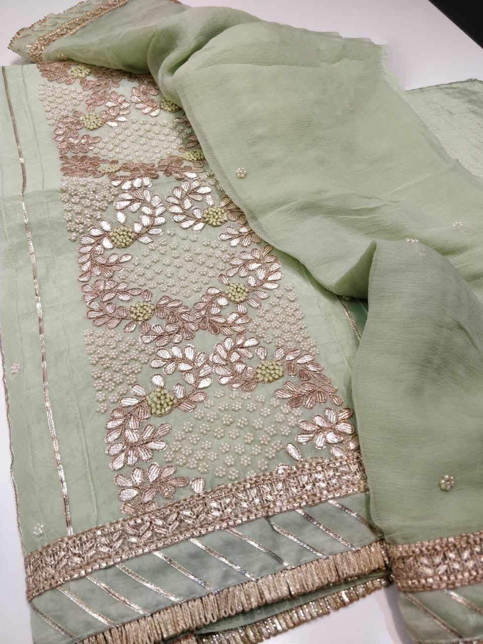 ATHARVA Hand Embroidery Salwar Kameez Pista /Chiffon Dupatta With Stone & Trim/Custom Stitch Unstitch/Gift/Patiala/Anarkali/Churridar/CH17312