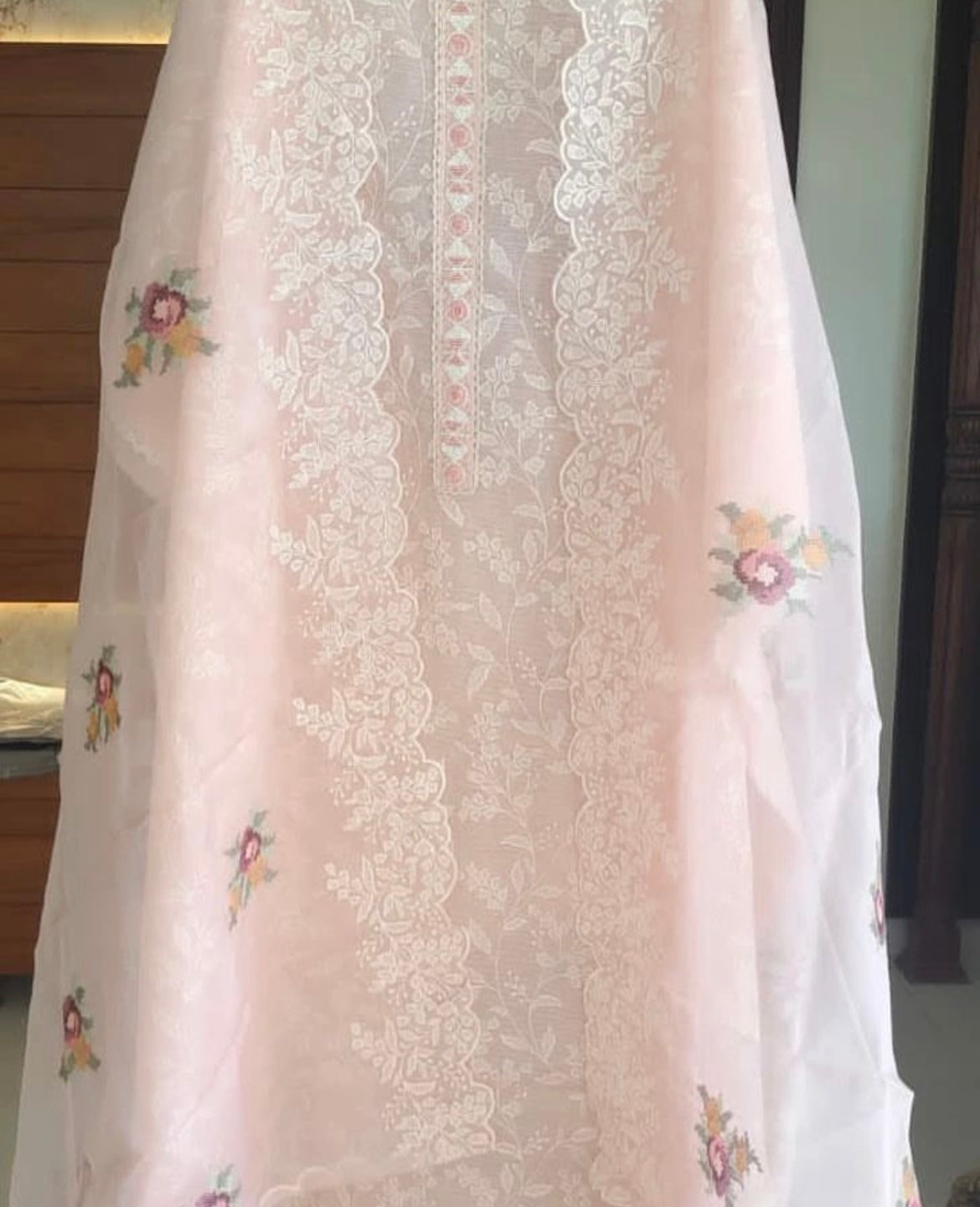 Atharva Embroidered Cotton Kota Salwar Kameez/Embroidery Pure Silk organza Dupatta/Cotton kota Embroidery Shirt Pink/Cotton Chikankari Bottom- KK002