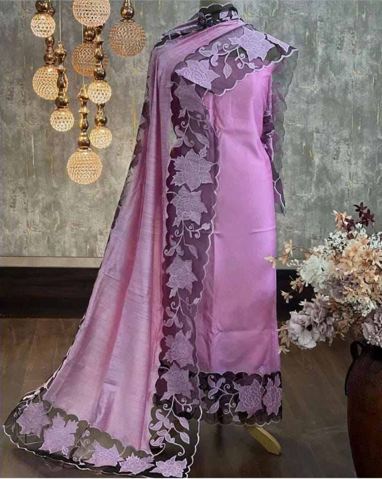 ATHARVA Hand Embroidery Salwar Kameez/Chanderi Cut-Work Shirt & Dupatta/Santoon Bottom/Custom Stitch Unstitch/Plazo/Pant/ CUT8021