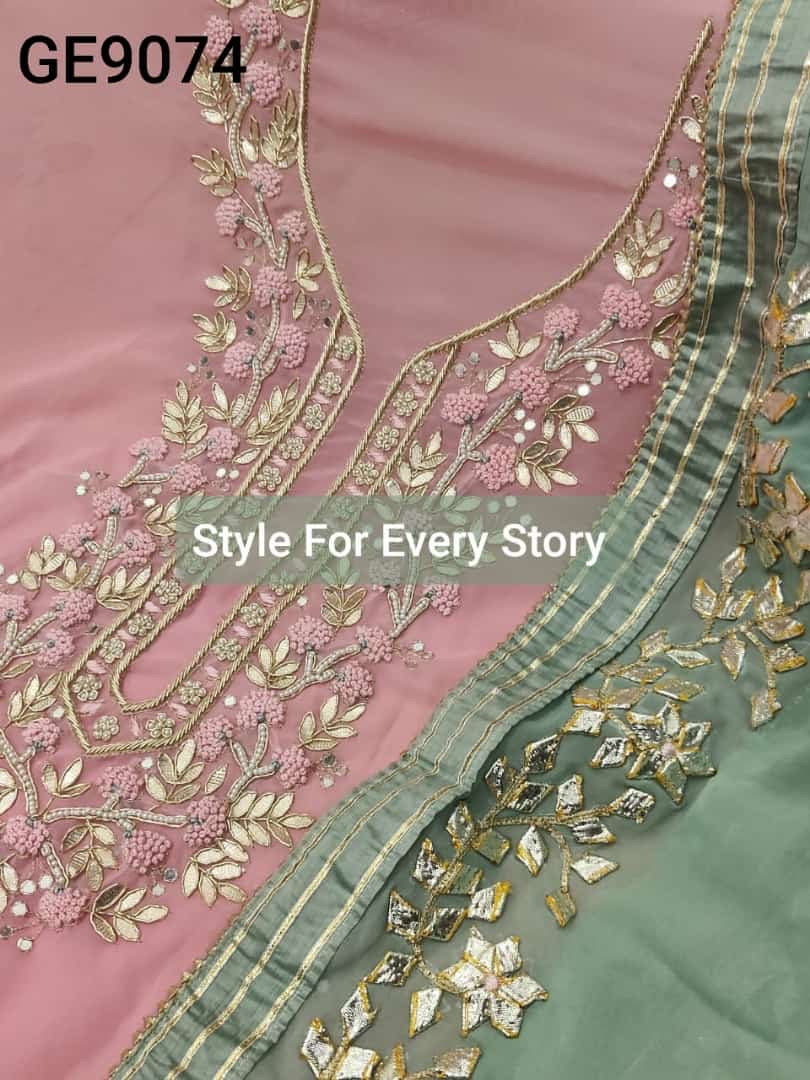 ATHARVA Hand Embroidered Salwar Kameez w/ Pink Georgette Shirt/Gota Pati Georgette Pistachio Color Dupatta/Custom Stitch Unstitch/Custom Anarkali/GE9074 Pink n pistachio
