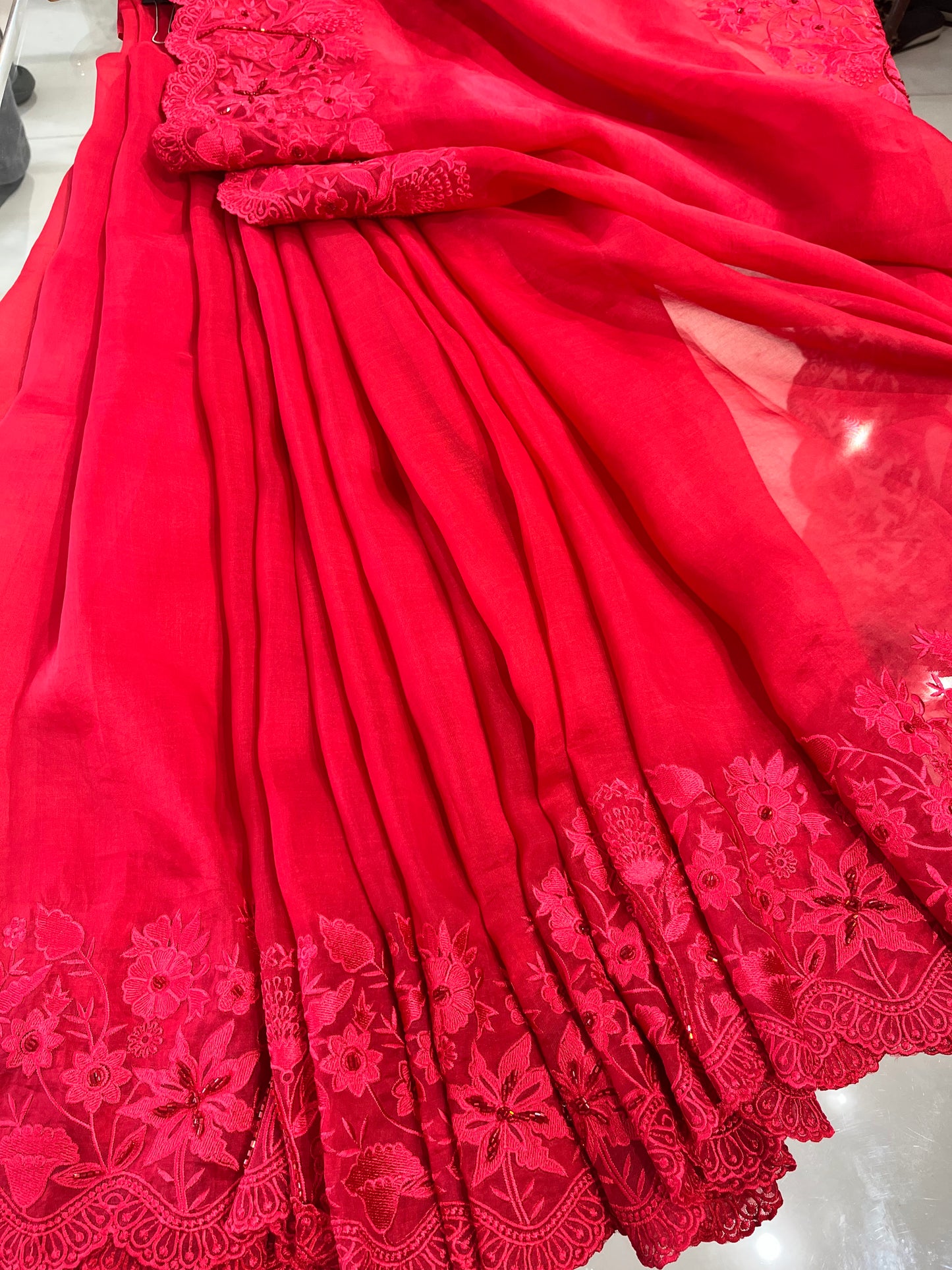 Atharva Heritage Red Kerwachauth Saree in Pure Silk Organza with French Thread Monochrome Embroidery
