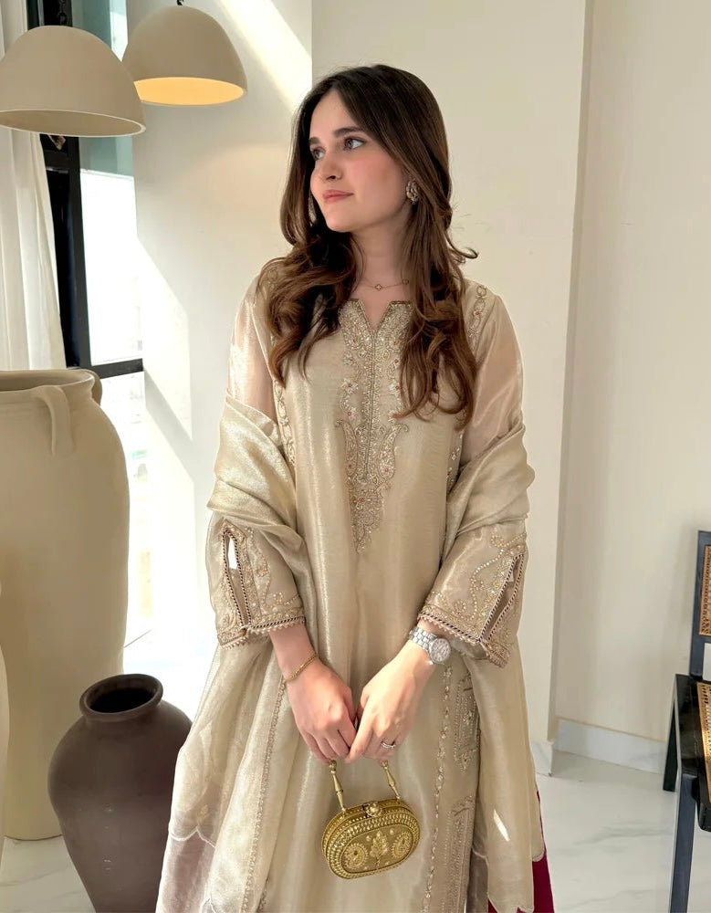 Pure Handwoven 80g Tissue Silk Pakistani Suit – Water Gold Elegance (Custom Stitched & Unstitched)